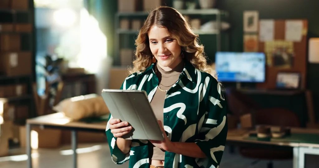 Woman using a tablet with a smile on her face.