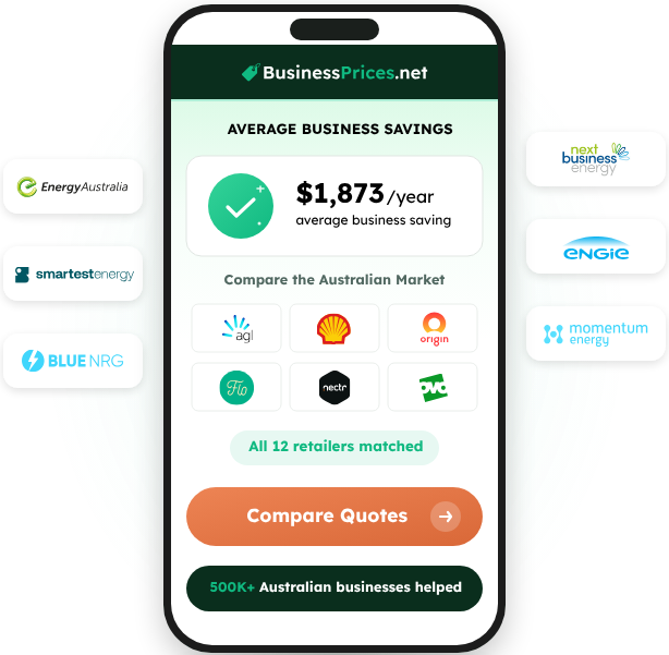 Mobile phone showing average business savings and Australian retailers.